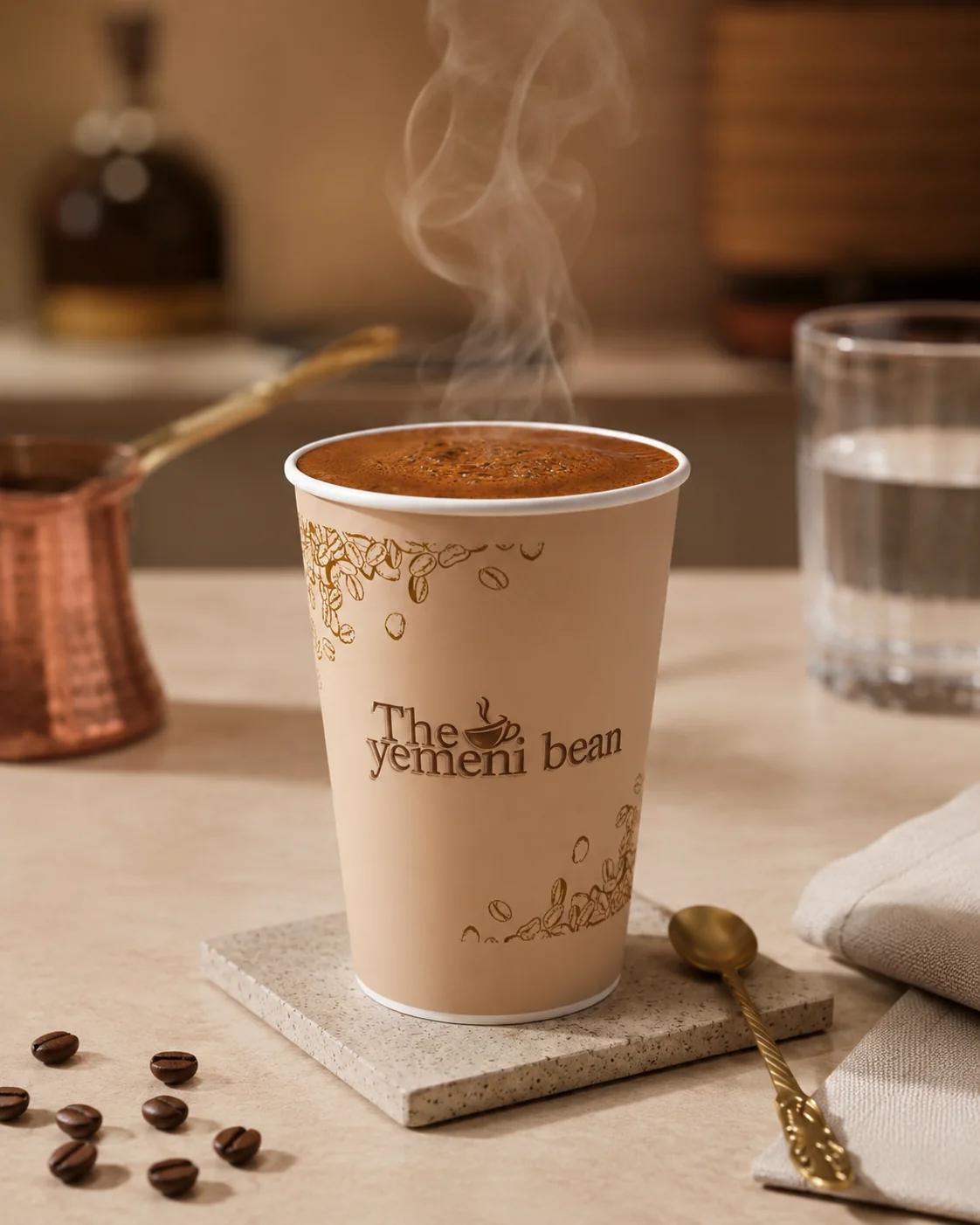 Traditional dark Yemeni coffee in a warm cafe setting